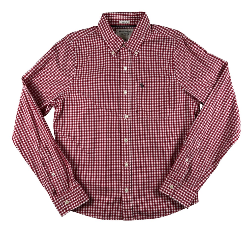Abercrombie & Fitch Shirt Mens Large Red Check Long Sleeve Button Up Muscle Y2K